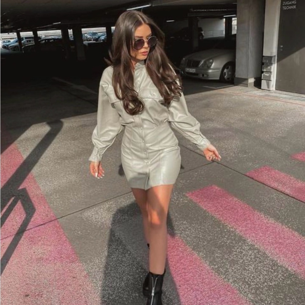 Zara Faux Leather Shirt Dress Snap Buttons Light Green 2712/326 Bloggers Size L